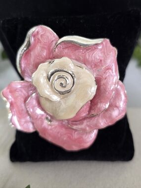 Vintage Silver Statement Enamel Pink Ivory Rose Flower Brooch Pin